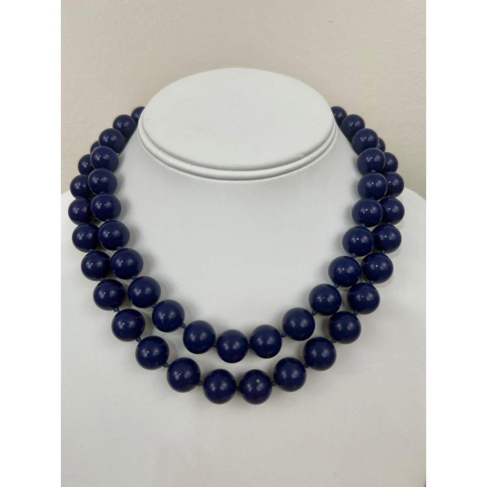 Gold Tone Necklace Navy Blue Lucite Bead Double Strand Graduated Japan‎ Vintage